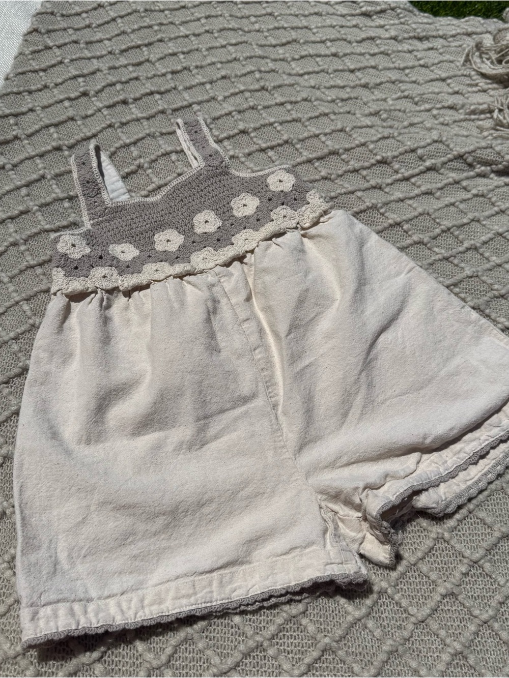 Zara Girls Cream Neutral Floral Crochet-Trim Cotton Romper Jumpsuit Size 4T